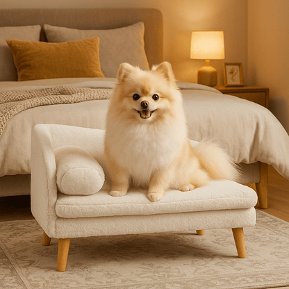 Canapé-lit-chien-design-un petit chien à poils assis sur le canapé en L avec rebord surélevé et son oreiller-matelas déhoussable 100% coton PP-lavable dans la chambre de la maison