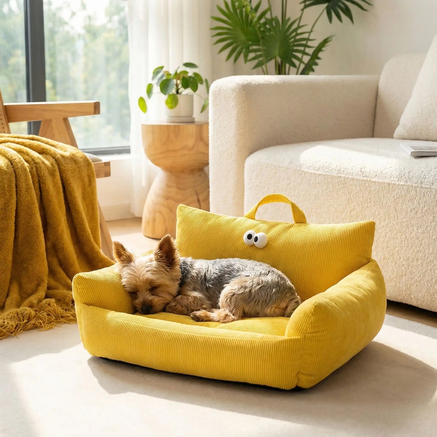 Canape-lit-chien-apaisant, mini fauteuil en lin et rtembourrage épais 100% coton haute densité, avec accoudoir et dossier ergonomique, lavable en machine, antidérapant et fond imperméable anti-moissisure, housse 100% lin résistant aux griffes et respirant pour un couchage 4 saisons pour chiot et chien de petite taille de 0 à 10 kilos max-un Yorkshire qui dort paisiblement niché contre le dossier et l'accoudoir rembourré et confortable pour sa tête et un effet cocon sécurisant et ani stress de couleur jaune 