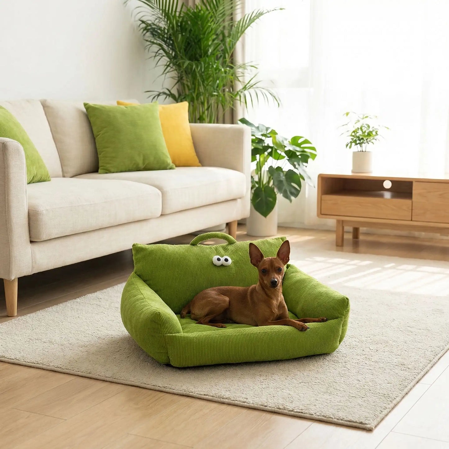 Canape-lit-chien-apaisant, mini fauteuil en lin et rtembourrage épais 100% coton haute densité, avec accoudoir et dossier ergonomique, lavable en machine, antidérapant et fond imperméable anti-moissisure, housse 100% lin résistant aux griffes et respirant pour un couchage 4 saisons pour chiot et chien de petite taille de 0 à 10 kilos max-un chien nain couché confortablement niché contre le dossier et son corps enveloppé par les accoudoirs du petit canapé de couleur vert dans le salon de la maison