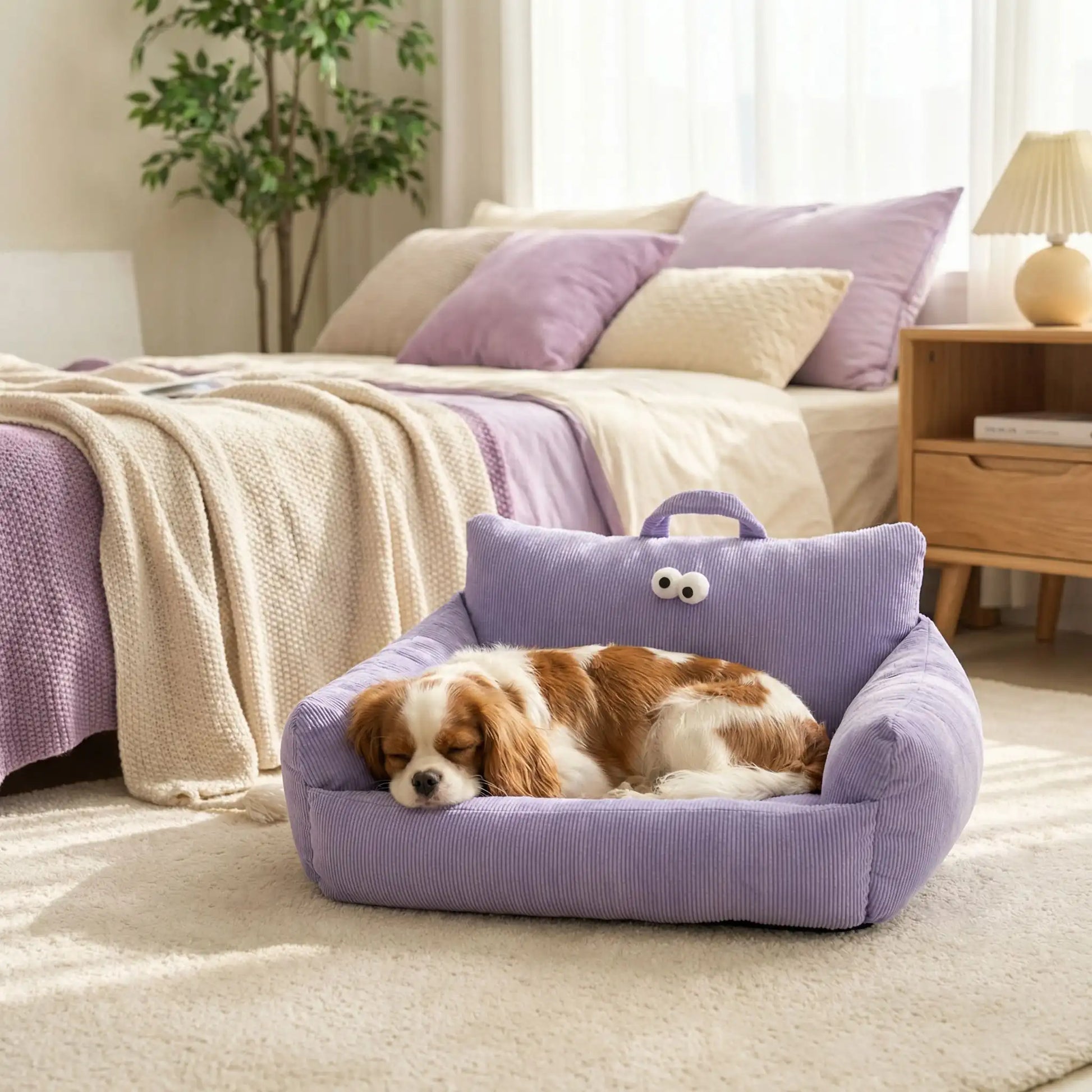 Canape-lit-chien-apaisant, mini fauteuil en lin et rtembourrage épais 100% coton haute densité, avec accoudoir et dossier ergonomique, lavable en machine, antidérapant et fond imperméable anti-moissisure, housse 100% lin résistant aux griffes et respirant pour un couchage 4 saisons pour chiot et chien de petite taille de 0 à 10 kilos max-un chien de petite race qui dort paisiblement niché contre le dossier et l'accoudoir rembourré et confortable du canapé dans la chambre à côté du lit de son maitre