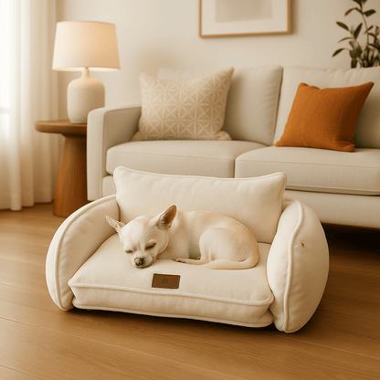 Canapé-lit-mini-pour-chien de petite taille et race toy-en polaire chaude et rembourrage respirant 100% coton haute densité-matelas orthopédique à mémoire de forme, déhoussable et lavable en machine, antidérapant et imperméable-un petit chien qui dort sur son canapé blanc dans le salon de l'appartement