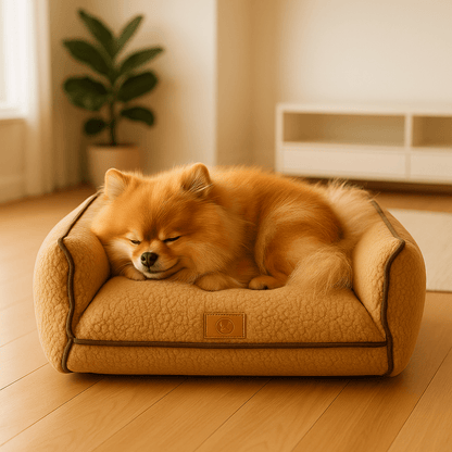 Canapé-lit-pour--petit-chien-déhoussable-lavable en machine-antidérapant-imperméable-en polaire ultra-douce avec matelas à mémoire de forme haute résilience-un chien de petite taille qui dort en boule confortablement sur son canapé avec accoudoirs dans le salon de la maison