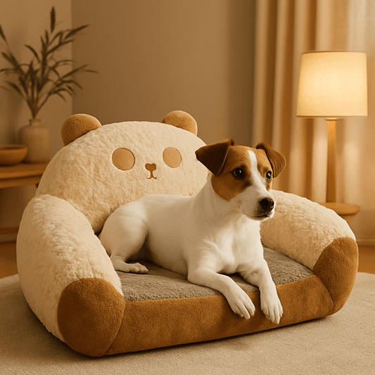 Canapé-lit-pour-chien-coton-antidérapant-lavable pour chien de petite taille et chiot-un petit chien sur son mini canapé design panda 