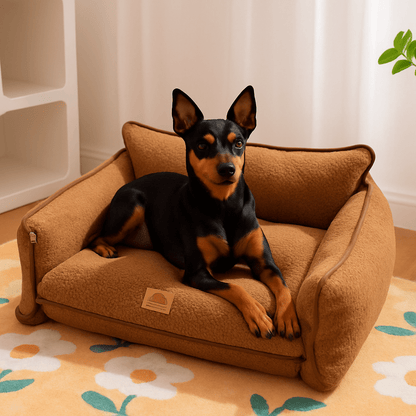 Canapé-lit-pour-chien-de-petite-taille-déhoussable-lavable en machine en polaire douce et rembourrage 100% coton haute densité ergonomique et matelas orthopédique haute résilience -anti affaissement pour petit chien et chiot-un chien nain noir et marron couché confortablement sur son canapé ultra doux et chaud de couleur marron dans l'appartement 