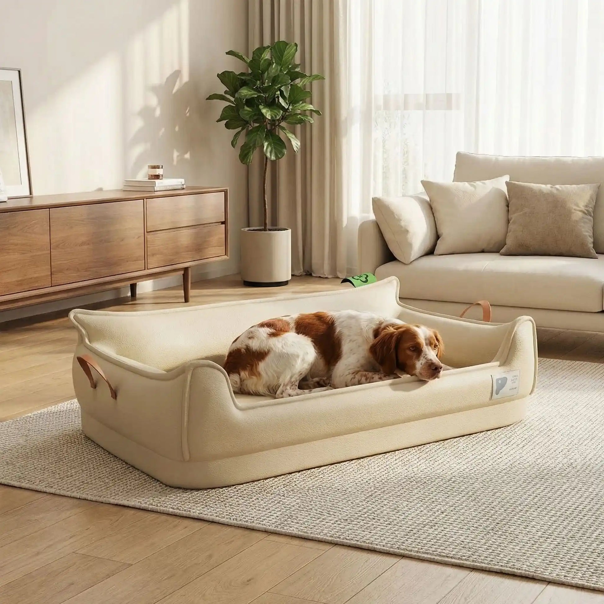 Canape-orthopedique-chien-chiot-imperméable, déhoussable, antidérapant et lavable avec deux poignée de transport semblable à un panier avec dossier et rebord en accoudoir, résistant aux griffes en cuir végan et matelas haute résilience à mémoire de forme en coton PP, design moderne et soigné avec coutures solides pour chiot et chien de petite à moyenne taille-un chien moyen qui se repose paisiblement dans son canapé en forme de panier design et moderne de couleur beige dans le salon de l'appartement