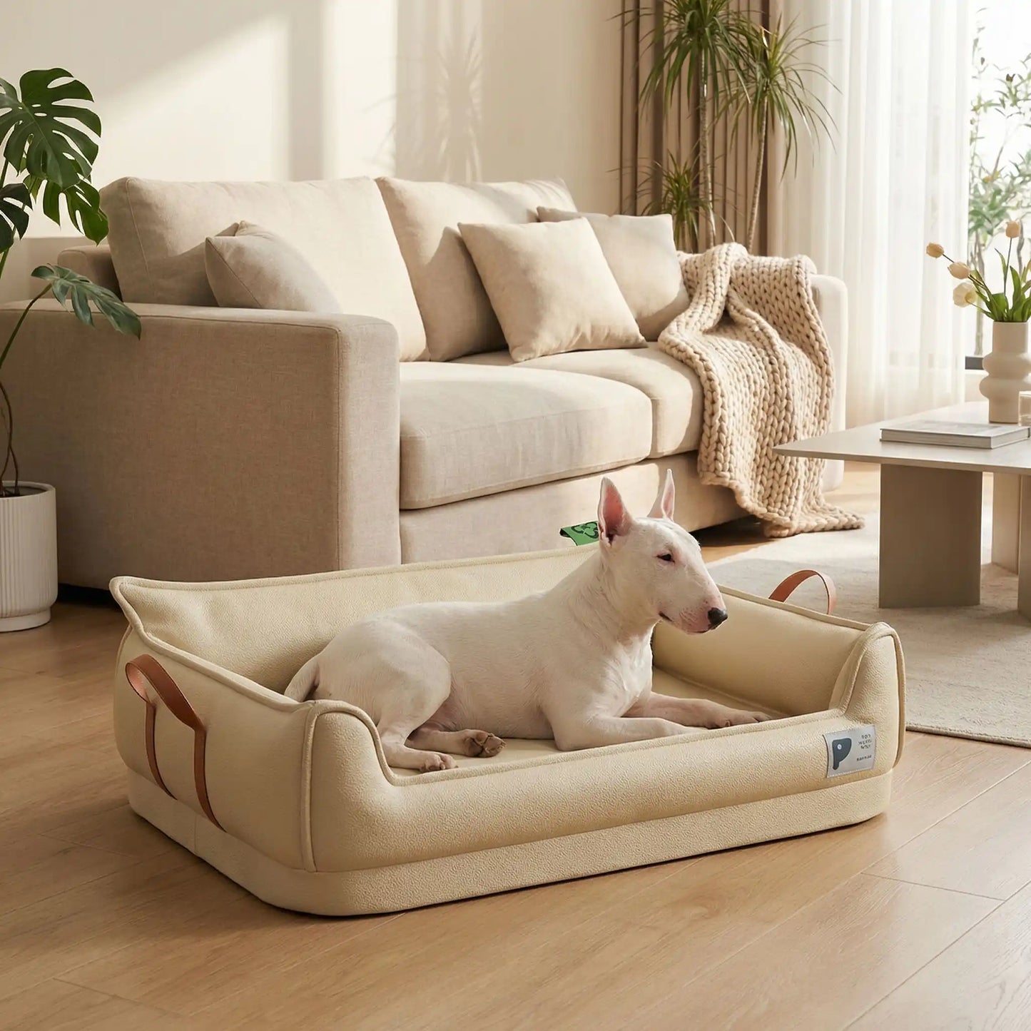 Canape-orthopedique-chien-chiot-imperméable, déhoussable, antidérapant et lavable avec deux poignée de transport semblable à un panier avec dossier et rebord en accoudoir, résistant aux griffes en cuir végan et matelas haute résilience à mémoire de forme en coton PP, design moderne et soigné avec coutures solides pour chiot et chien de petite à moyenne taille-un Bull terrier couché confortablement dans son canapé en forme de panier design et moderne de couleur beige dans le salon de la maison