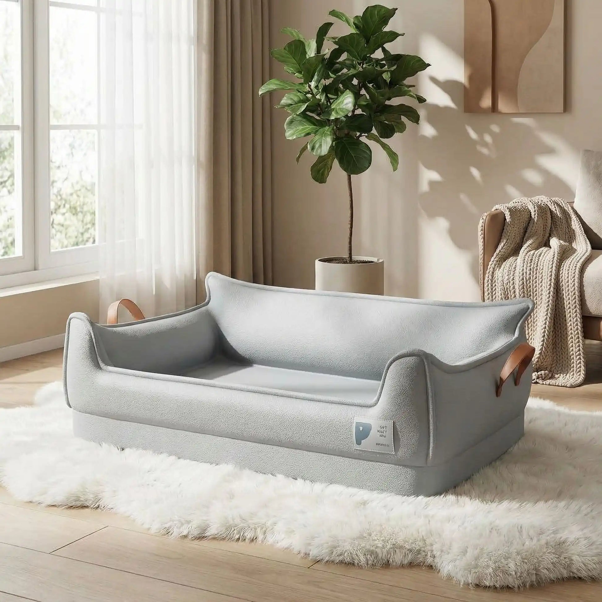 Canape-orthopedique-chien-chiot-imperméable, déhoussable, antidérapant et lavable avec deux poignée de transport semblable à un panier avec dossier et rebord en accoudoir, résistant aux griffes en cuir végan et matelas haute résilience à mémoire de forme en coton PP, design moderne et soigné avec coutures solides pour chiot et chien de petite à moyenne taille-de couleur gris chic