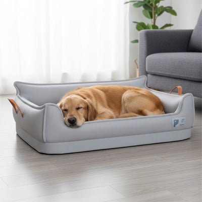 Canape-orthopedique-chien-chiot-imperméable, déhoussable, antidérapant et lavable avec deux poignée de transport semblable à un panier avec dossier et rebord en accoudoir, résistant aux griffes en cuir végan et matelas haute résilience à mémoire de forme en coton PP, design moderne et soigné avec coutures solides pour chiot et chien de petite à moyenne taille-un chiot  qui dort paisiblement dans son canapé en forme de panier design et moderne de couleur gris dans le salon de la maison