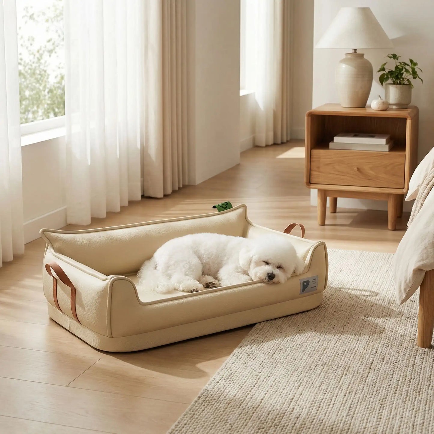 Canape-orthopedique-chien-chiot-imperméable, déhoussable, antidérapant et lavable avec deux poignée de transport semblable à un panier avec dossier et rebord en accoudoir, résistant aux griffes en cuir végan et matelas haute résilience à mémoire de forme en coton PP, design moderne et soigné avec coutures solides pour chiot et chien de petite à moyenne taille-un chien de race de petite taille qui dort paisiblement dans son canapé en forme de panier design et moderne s dans la chambre de l'appartement