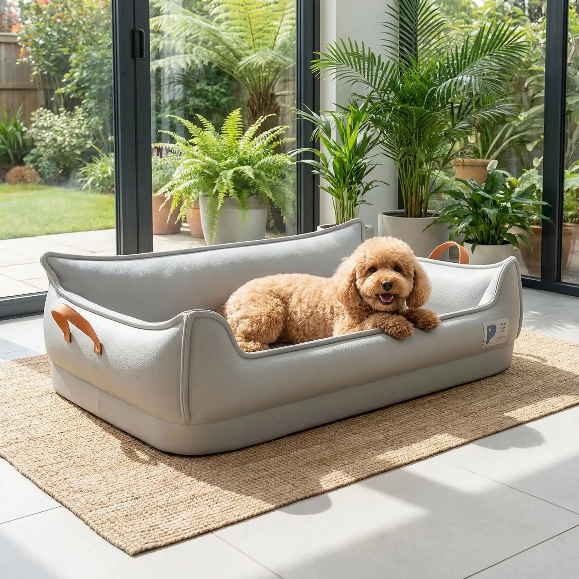 Canape-orthopedique-chien-chiot-imperméable, déhoussable, antidérapant et lavable avec deux poignée de transport semblable à un panier avec dossier et rebord en accoudoir, résistant aux griffes en cuir végan et matelas haute résilience à mémoire de forme en coton PP, design moderne et soigné avec coutures solides pour chiot et chien de petite à moyenne taille-un caniche marron couché et heureux dans son canapé en forme de panier design et moderne de couleur gris dans la véranda de la maison