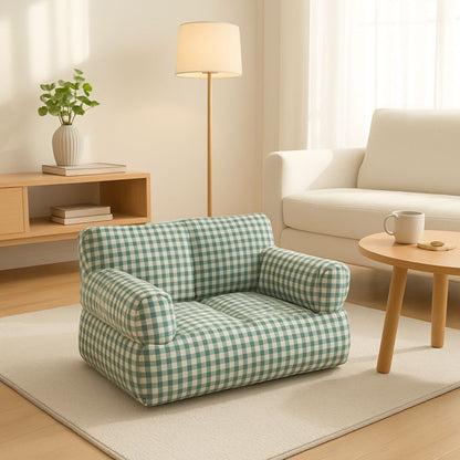 Canapé-petit-chien-carreaux-vichy-vert-et-blanc-100% coton haute densité-entièrement déhoussable et lavable en machine-antidérapant-couchage 4 saisons-respirant en été en tissu coton-chaud en été avec 2 accoudoirs cylindrique et dossier rembourrés pour chiot et chien de petite taille de 0 à 10 kg