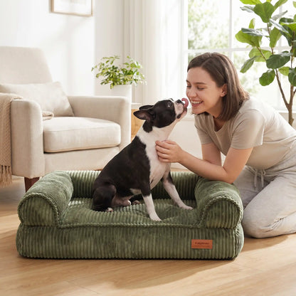 Canapé-petit-chien-chiot-lit avec housse velours résistant aux griffes, ultra doux, entièrement déhoussable et lavable en machine, rembourrage 100% coton PP et housse 100% imperméable avec son fond antidérapant pour chiot et chien de petite à moyenne taille de 0 à 15 kilos-un chien moyen assis confortablement dans son canapé lit ergonomique en velours doux de couleur vert olive à côté de sa maitresse assise à coté de lui pour une session calin et bisous dans le salon lifestyle et cosy de l'appartement