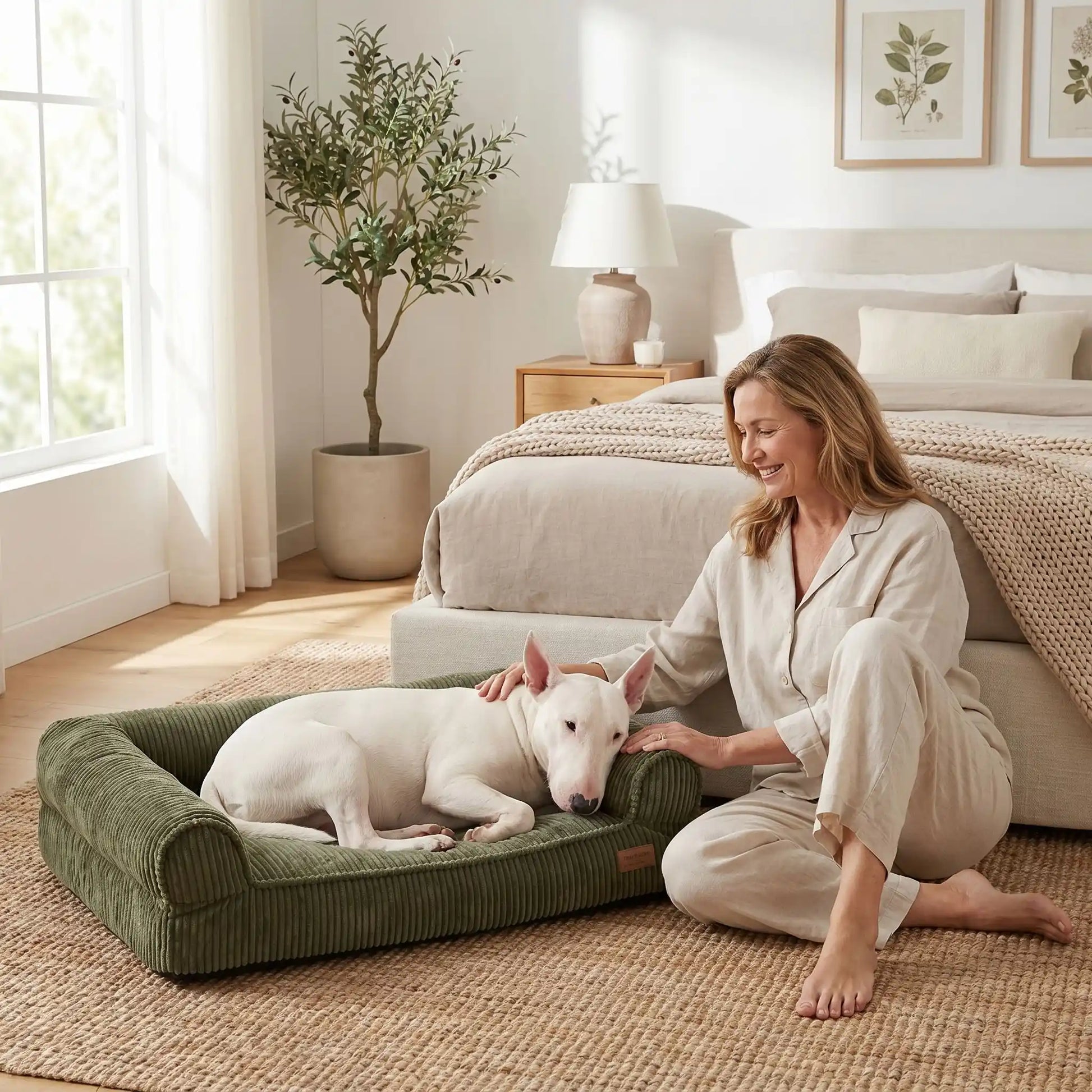 Canapé-petit-chien-chiot-lit avec housse velours résistant aux griffes, ultra doux, entièrement déhoussable et lavable en machine, rembourrage 100% coton PP et housse 100% imperméable avec son fond antidérapant pour chiot et chien de petite à moyenne taille de 0 à 15 kilos-un Bull Terrier couché confortablement dans son canapé lit ergonomique en velours doux de couleur vert olive à côté de sa maitresse assise à coté de lui qui le caresse tendrement dans la chambre lifestyle et cosy de l'appartement