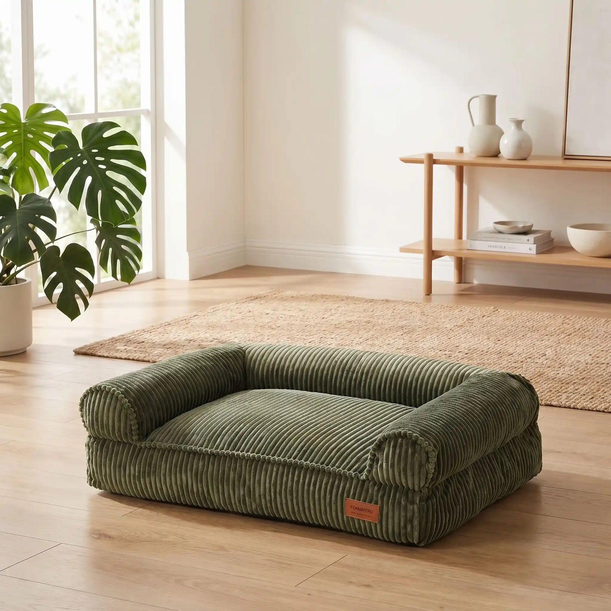 Canapé-petit-chien-chiot-lit avec housse velours résistant aux griffes, ultra doux, entièrement déhoussable et lavable en machine, rembourrage 100% coton PP et housse 100% imperméable avec son fond antidérapant pour chiot et chien de petite à moyenne taille de 0 à 15 kilos-gros plan sur le canapé lit pour chien et chiot de petite à moyenne taille de 0 à 15 kilos douillet, chic, design de couleur vert olive avec rebords surélevé cylindrique en U au rembourrage 100% coton avec assise épaisse et ergonomique 