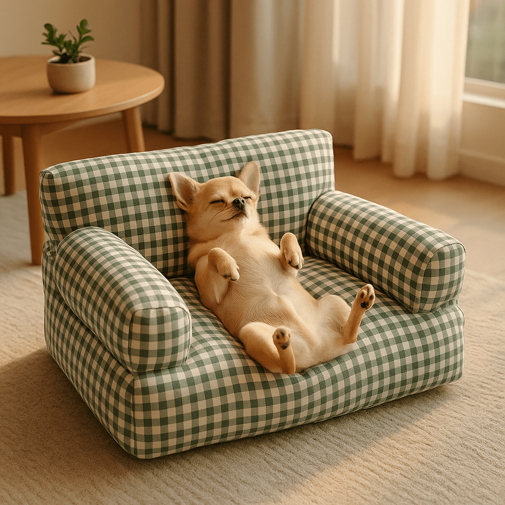 Canapé-petit-chien-carreaux-vichy-vert-et-blanc-100% coton haute densité-entièrement déhoussable et lavable en machine-antidérapant-couchage 4 saisons-respirant en été en tissu coton-chaud en été avec 2 accoudoirs cylindrique et dossier rembourrés pour chiot et chien de petite taille de 0 à 10 kg-un Chihuahua qui dort confortablement sur le dos, les pattes en l'air sur son canapé douillet et moelleux dans le salon de l'appartement