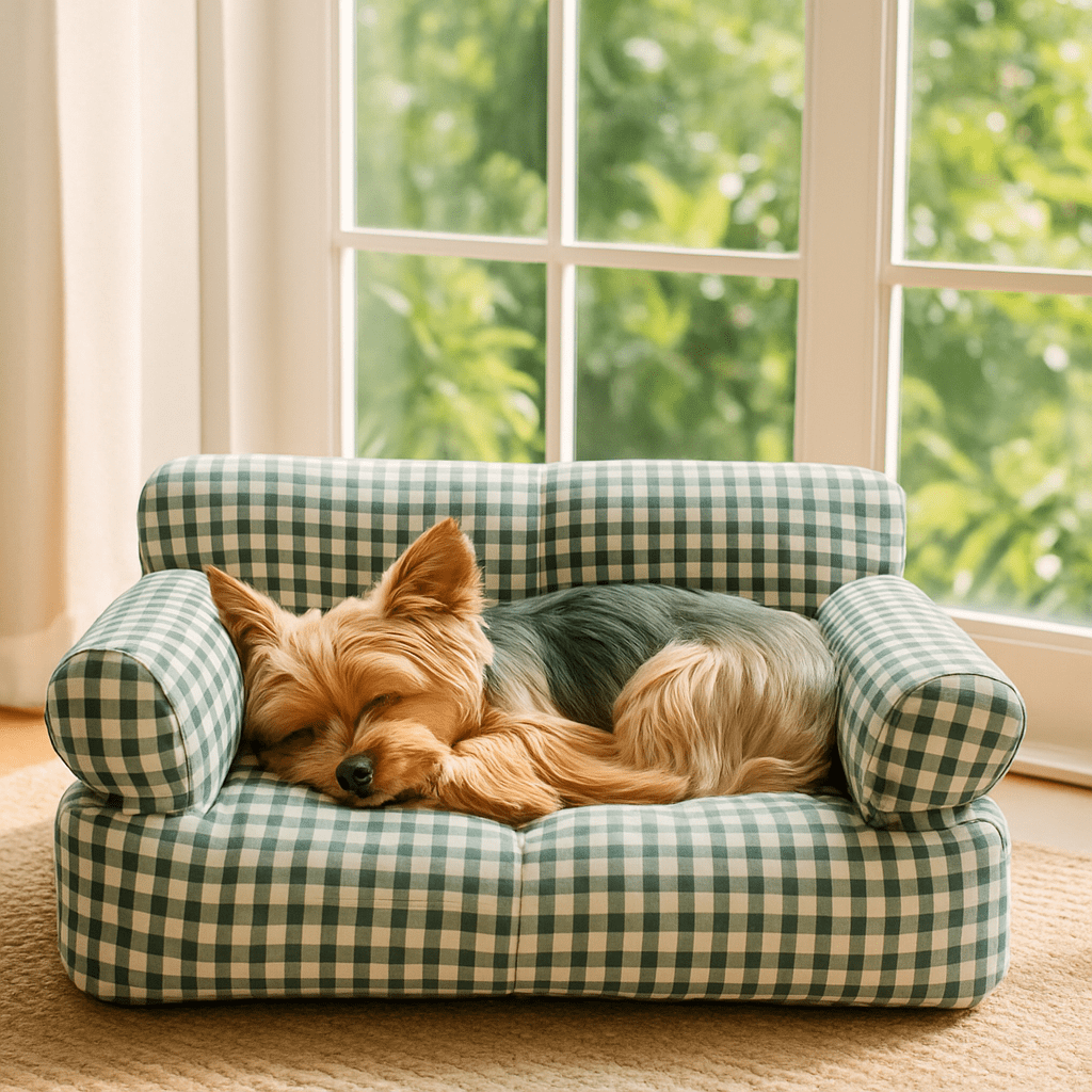 Canapé-petit-chien-carreaux-vichy-vert-et-blanc-100% coton haute densité-entièrement déhoussable et lavable en machine-antidérapant-couchage 4 saisons-respirant en été en tissu coton-chaud en été avec 2 accoudoirs cylindrique et dossier rembourrés pour chiot et chien de petite taille de 0 à 10 kg-un Yorkshire qui dort paisiblement niché sur son canapé douillet et moelleux dans le salon de la maison