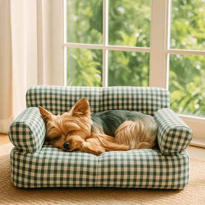 Canapé-petit-chien-carreaux-vichy-vert-et-blanc-100% coton haute densité-entièrement déhoussable et lavable en machine-antidérapant-couchage 4 saisons-respirant en été en tissu coton-chaud en été avec 2 accoudoirs cylindrique et dossier rembourrés pour chiot et chien de petite taille de 0 à 10 kg-un Yorkshire qui dort paisiblement niché sur son canapé douillet et moelleux dans le salon de la maison