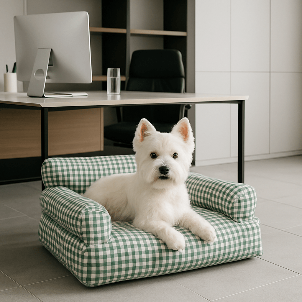 Canapé-petit-chien-carreaux-vichy-vert-et-blanc-100% coton haute densité-entièrement déhoussable et lavable en machine-antidérapant-couchage 4 saisons-respirant en été en tissu coton-chaud en été avec 2 accoudoirs cylindrique et dossier rembourrés pour chiot et chien de petite taille de 0 à 10 kg-un petit chien blanc couché confortablement et heureux sur son canapé douillet et moelleux dans le bureau