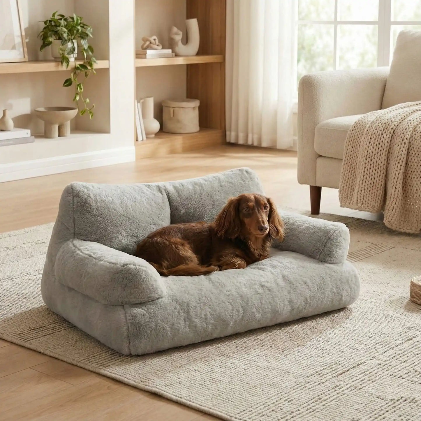 Canapé-petit-chien-douillet-anti-poils-déhoussable et lavable en machine-housse en peluche ultra-douce avec fond antidérapant et imperméable avec accoudoirs cylindrique dossier et assise au rembourrage 100% coton haute densité, ergonomique et 4 saisons, respirant et chaud-un Teckel miniature couché confortablement couché sur le canapé pour chien gris au toucher velours dans le salon de la maison