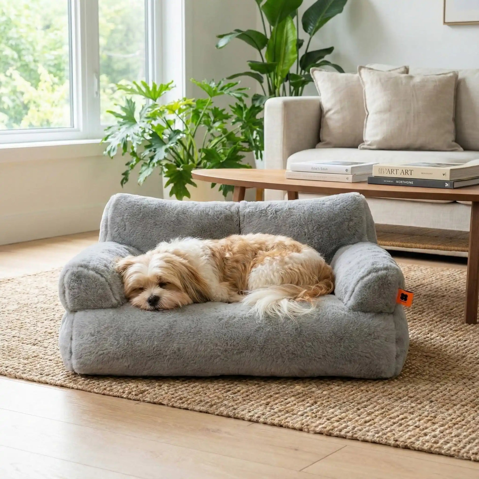 Canapé-petit-chien-douillet-anti-poils-déhoussable et lavable en machine-housse en peluche ultra-douce avec fond antidérapant et imperméable avec accoudoirs cylindrique dossier et assise au rembourrage 100% coton haute densité, ergonomique et 4 saisons, respirant et chaud-un Shih Tzu qui dort paisiblement couché sur le canapé pour chien gris au toucher velours dans la maison