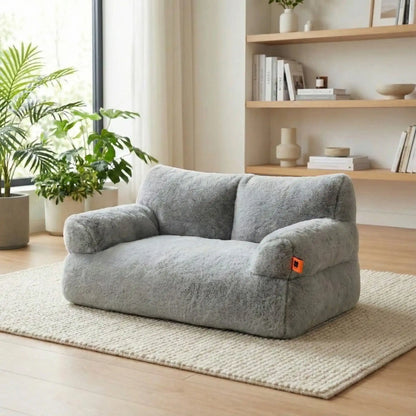 Canapé-petit-chien-douillet-anti-poils-déhoussable et lavable en machine-housse en peluche ultra-douce avec fond antidérapant et imperméable avec accoudoirs cylindrique dossier et assise au rembourrage 100% coton haute densité, ergonomique et 4 saisons, respirant et chaud-de couleur gris pour chien de petite et race naine de 0 à 7 kilos max
