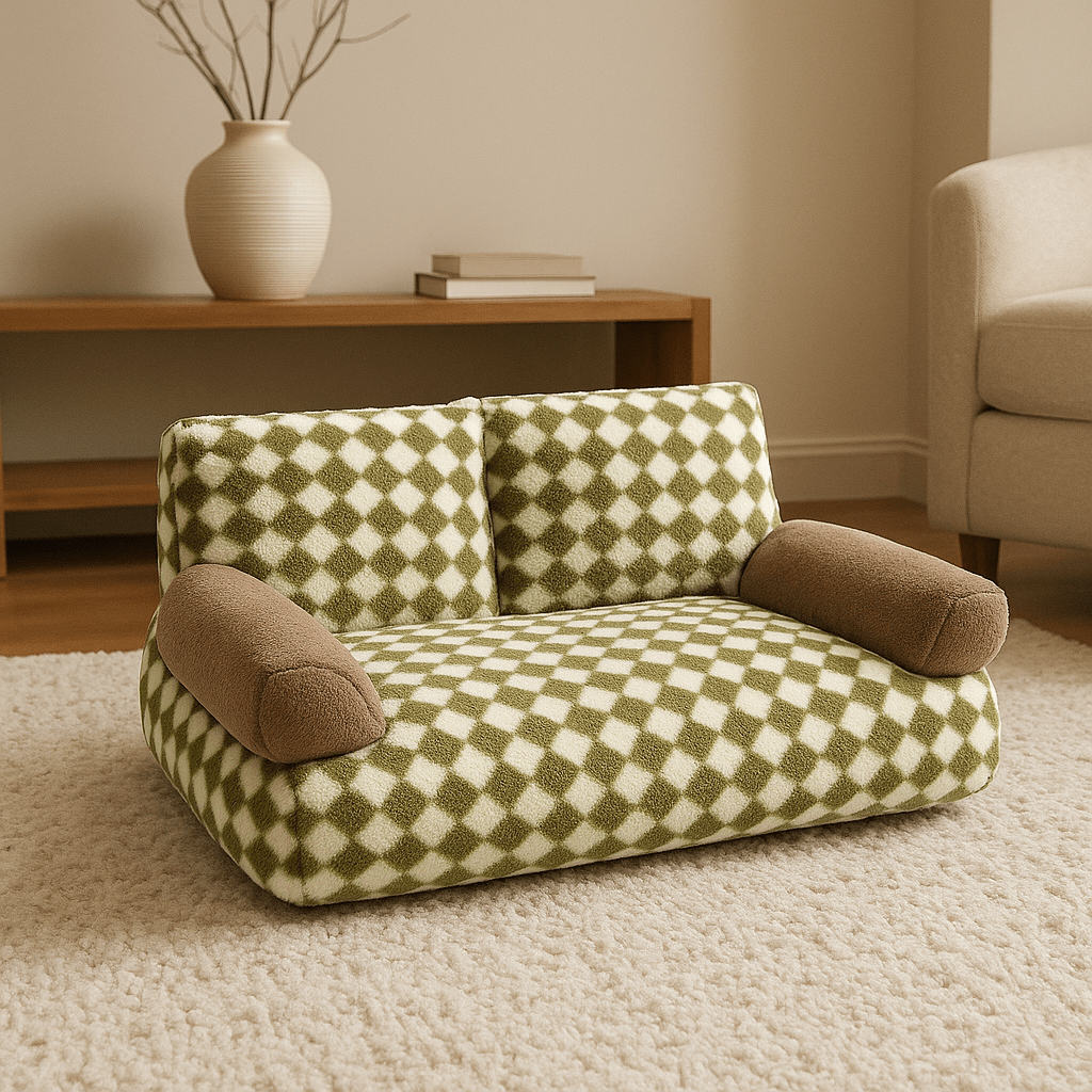 Canapé-pour-chien-douillet en velours-déhoussable et lavable en machine-antidérapant-avec dossier et accoudoirs cylindriques au rembourrage 100% Coton haute densité ergonomique, hypoallergénique au design rétro à carreaux pour petit à chien de moyenne taille de 0 à 20 kg-vert, beige et marron