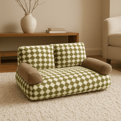 Canapé-pour-chien-douillet en velours-déhoussable et lavable en machine-antidérapant-avec dossier et accoudoirs cylindriques au rembourrage 100% Coton haute densité ergonomique, hypoallergénique au design rétro à carreaux pour petit à chien de moyenne taille de 0 à 20 kg-vert, beige et marron