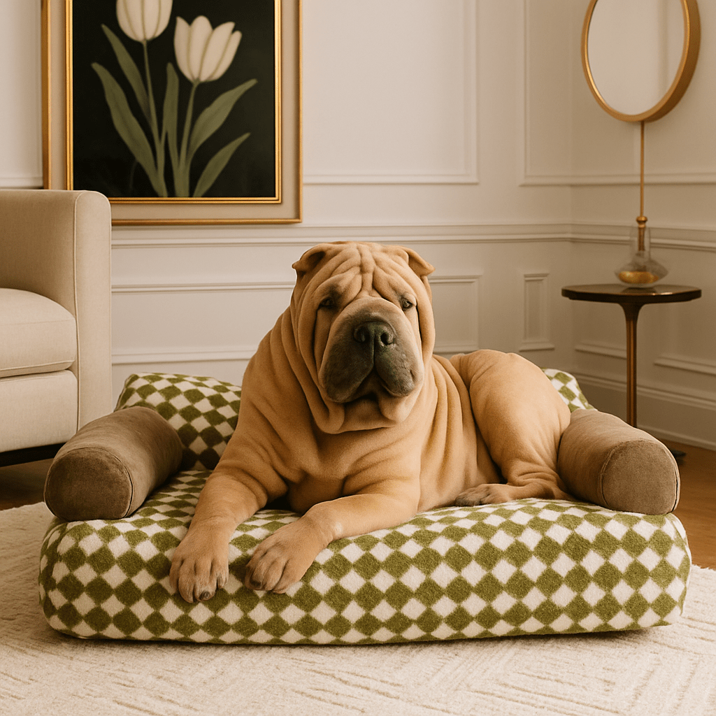 Canapé-pour-chien-douillet en velours-déhoussable et lavable en machine-antidérapant-avec dossier et accoudoirs cylindriques au rembourrage 100% Coton haute densité ergonomique, hypoallergénique au design rétro à carreaux pour petit à chien de moyenne taille de 0 à 20 kg-un gros chien de taille moyenne couché confortablement sur son canapé en losange marron et beige dans le salon vintage de la maison