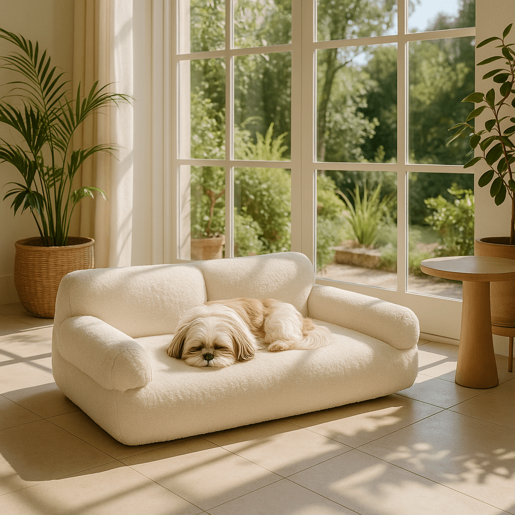 Canapé-pour-chien-déhoussable-lavable en machine-en velours et en rembourrage 100% coton haute densité ergonomique avec dossier et deux accoudoirs cylindriques épais et moelleux-chaud, antidérapant pour chien de petite à moyenne taille de 0 à 20 kg-un Shih Tzu qui dort paisiblement sur le canapé douillet de couleur crème dans la véranda de la maison