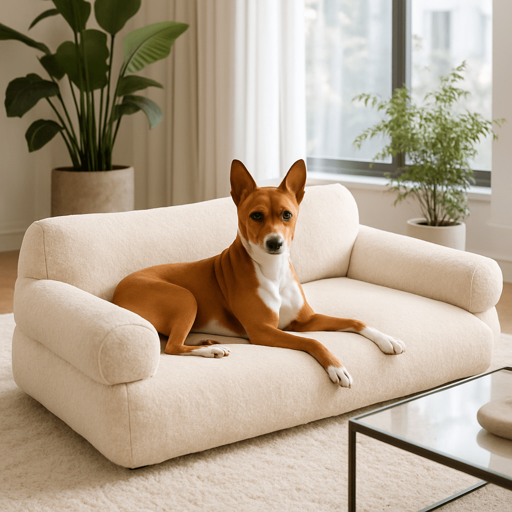 Canapé-pour-chien-déhoussable-lavable en machine-en velours et en rembourrage 100% coton haute densité ergonomique avec dossier et deux accoudoirs cylindriques épais et moelleux-chaud, antidérapant pour chien de petite à moyenne taille de 0 à 20 kg-un Basenji couché confortablement sur le canapé douillet de couleur crème dans le salon de l'appartement