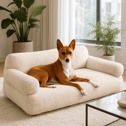 Canapé-pour-chien-déhoussable-lavable en machine-en velours et en rembourrage 100% coton haute densité ergonomique avec dossier et deux accoudoirs cylindriques épais et moelleux-chaud, antidérapant pour chien de petite à moyenne taille de 0 à 20 kg-un Basenji couché confortablement sur le canapé douillet de couleur crème dans le salon de l'appartement