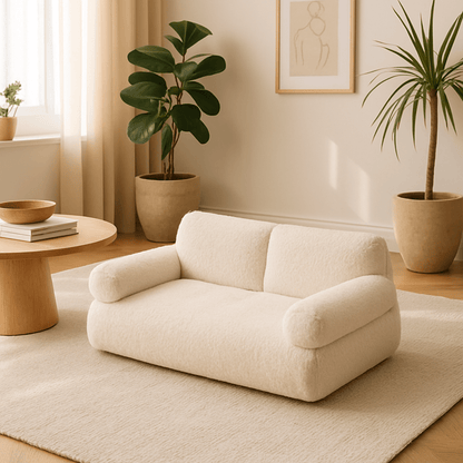 Canapé-pour-chien-déhoussable-lavable en machine-en velours et en rembourrage 100% coton haute densité ergonomique avec dossier et deux accoudoirs cylindriques épais et moelleux-chaud, antidérapant pour chien de petite à moyenne taille de 0 à 20 kg-couleur crème