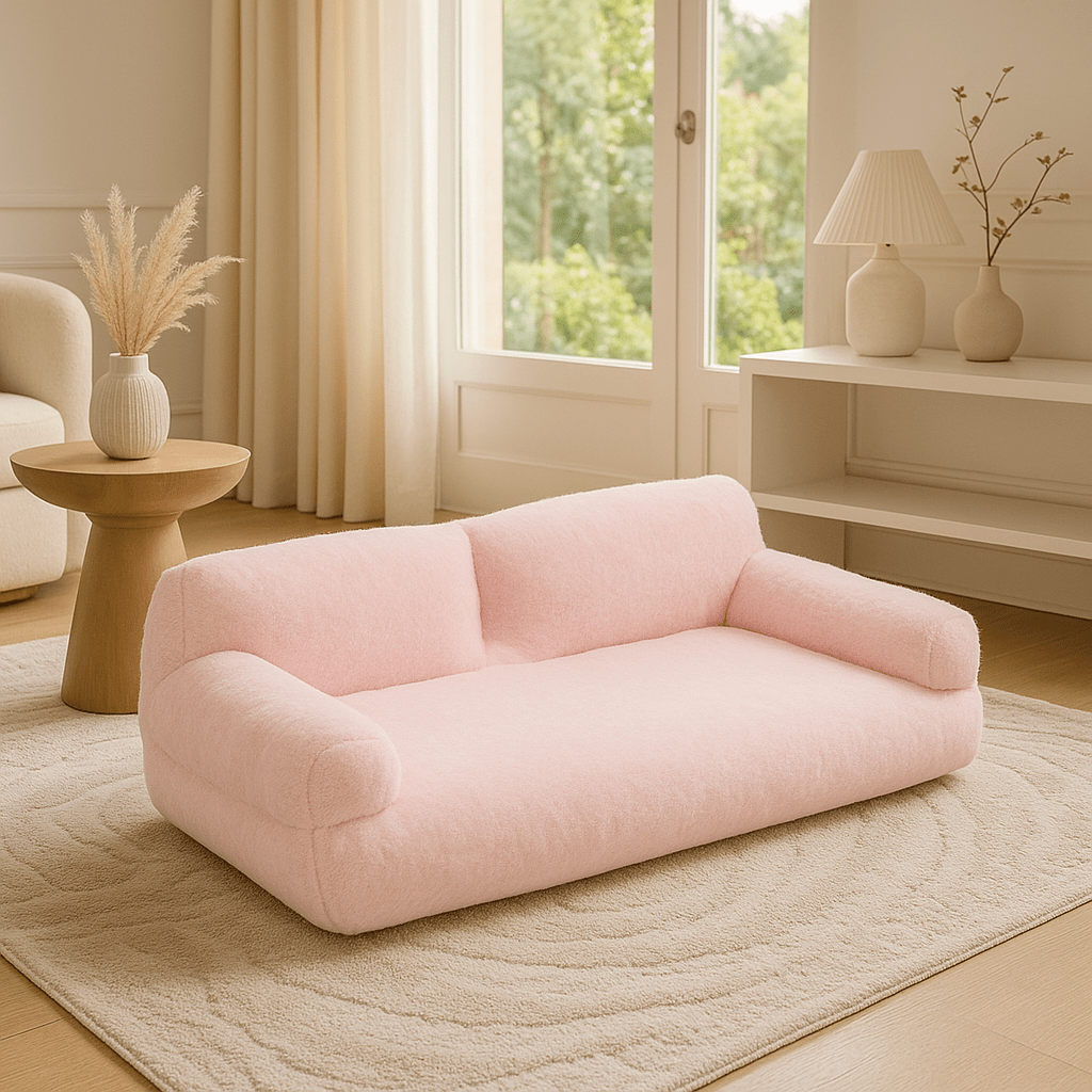 Canapé-pour-chien-déhoussable-lavable en machine-en velours et en rembourrage 100% coton haute densité ergonomique avec dossier et deux accoudoirs cylindriques épais et moelleux-chaud, antidérapant pour chien de petite à moyenne taille de 0 à 20 kg-couleur rose