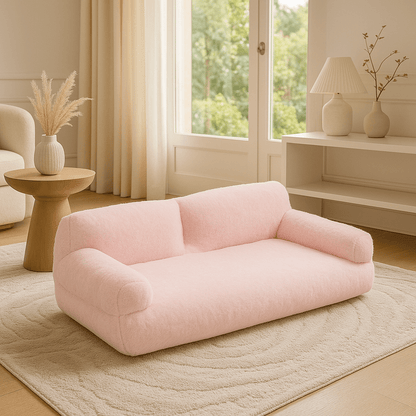 Canapé-pour-chien-déhoussable-lavable en machine-en velours et en rembourrage 100% coton haute densité ergonomique avec dossier et deux accoudoirs cylindriques épais et moelleux-chaud, antidérapant pour chien de petite à moyenne taille de 0 à 20 kg-couleur rose