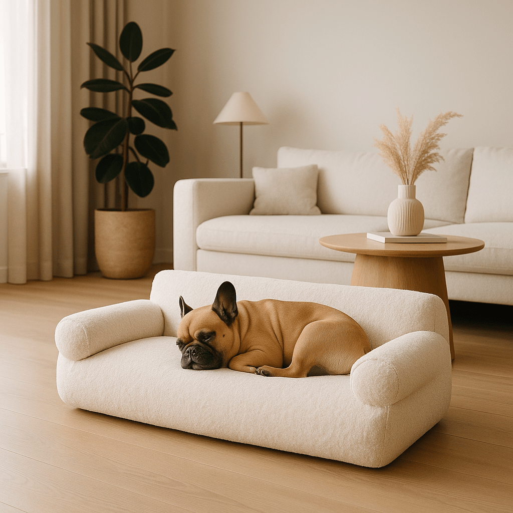 Canapé-pour-chien-déhoussable-lavable en machine-en velours et en rembourrage 100% coton haute densité ergonomique avec dossier et deux accoudoirs cylindriques épais et moelleux-chaud, antidérapant pour chien de petite à moyenne taille de 0 à 20 kg-un Bouledogue français couché confortablement sur le canapé douillet de couleur crème dans le salon de la maison