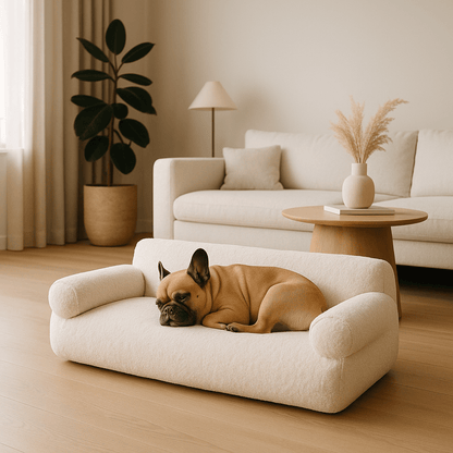 Canapé-pour-chien-déhoussable-lavable en machine-en velours et en rembourrage 100% coton haute densité ergonomique avec dossier et deux accoudoirs cylindriques épais et moelleux-chaud, antidérapant pour chien de petite à moyenne taille de 0 à 20 kg-un Bouledogue français couché confortablement sur le canapé douillet de couleur crème dans le salon de la maison