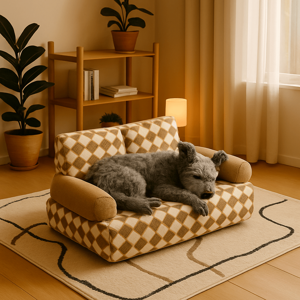 Canapé-pour-chien-douillet en velours-déhoussable et lavable en machine-antidérapant-avec dossier et accoudoirs cylindriques au rembourrage 100% Coton haute densité ergonomique, hypoallergénique au design rétro à carreaux pour petit à chien de moyenne taille de 0 à 20 kg-un petit chien frisé qui dort paisiblement sur son canapé en losange marron et beige dans le salon de l'appartement