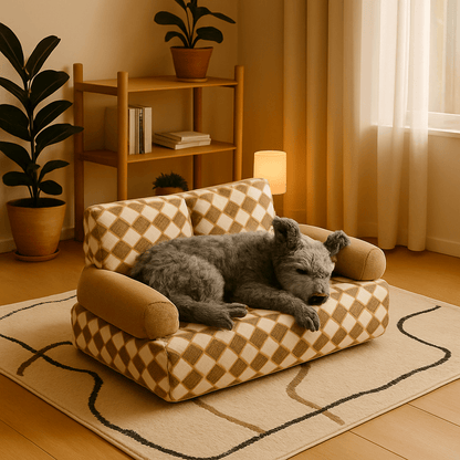 Canapé-pour-chien-douillet en velours-déhoussable et lavable en machine-antidérapant-avec dossier et accoudoirs cylindriques au rembourrage 100% Coton haute densité ergonomique, hypoallergénique au design rétro à carreaux pour petit à chien de moyenne taille de 0 à 20 kg-un petit chien frisé qui dort paisiblement sur son canapé en losange marron et beige dans le salon de l'appartement