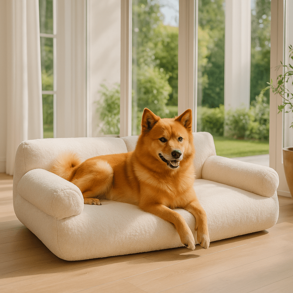 Canapé-pour-chien-déhoussable-lavable en machine-en velours et en rembourrage 100% coton haute densité ergonomique avec dossier et deux accoudoirs cylindriques épais et moelleux-chaud, antidérapant pour chien de petite à moyenne taille de 0 à 20 kg-un Spitz Allemand couché confortablement sur le canapé douillet de couleur crème dans la véranda