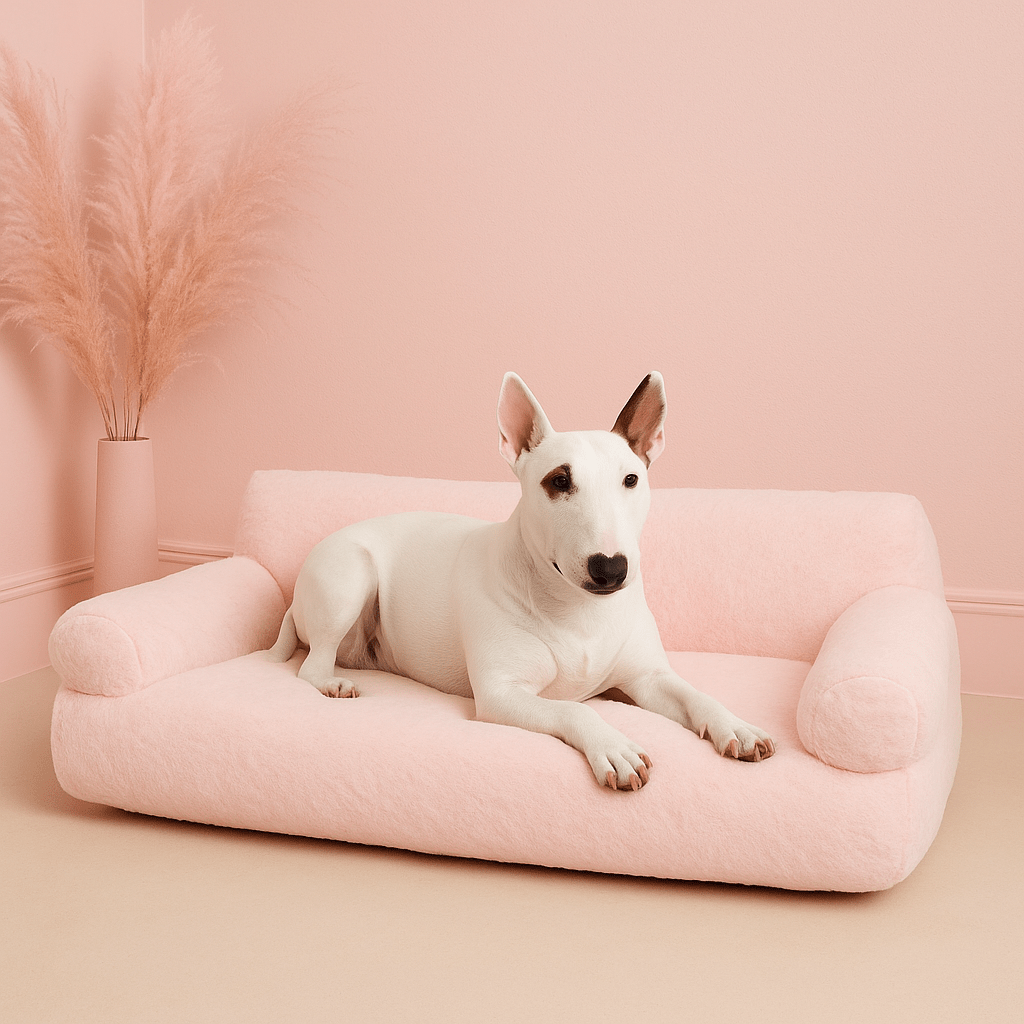 Canapé-pour-chien-déhoussable-lavable en machine-en velours et en rembourrage 100% coton haute densité ergonomique avec dossier et deux accoudoirs cylindriques épais et moelleux-chaud, antidérapant pour chien de petite à moyenne taille de 0 à 20 kg-un Bull Terrier miniature couché confortablement sur le canapé douillet de couleur rose dans la chambre