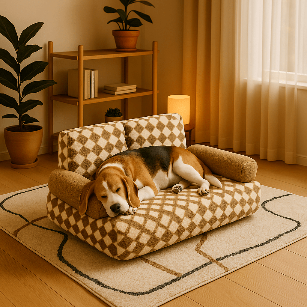 Canapé-pour-chien-douillet en velours-déhoussable et lavable en machine-antidérapant-avec dossier et accoudoirs cylindriques au rembourrage 100% Coton haute densité ergonomique, hypoallergénique au design rétro à carreaux pour petit à chien de moyenne taille de 0 à 20 kg-un Beagle qui dort paisiblement sur son canapé en losange marron et beige dans le salon vintage de l'appartement