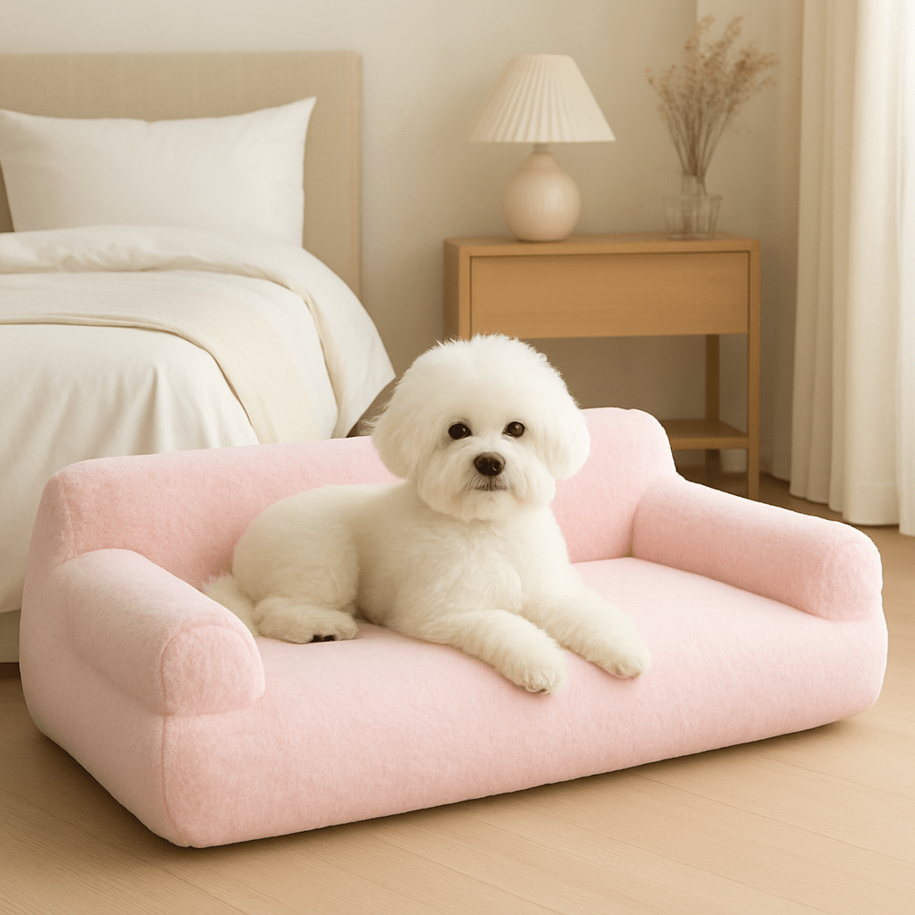 Canapé-pour-chien-déhoussable-lavable en machine-en velours et en rembourrage 100% coton haute densité ergonomique avec dossier et deux accoudoirs cylindriques épais et moelleux-chaud, antidérapant pour chien de petite à moyenne taille de 0 à 20 kg-un Coton de Tuléar couché confortablement sur le canapé douillet de couleur rose dans la chambre de l'appartement