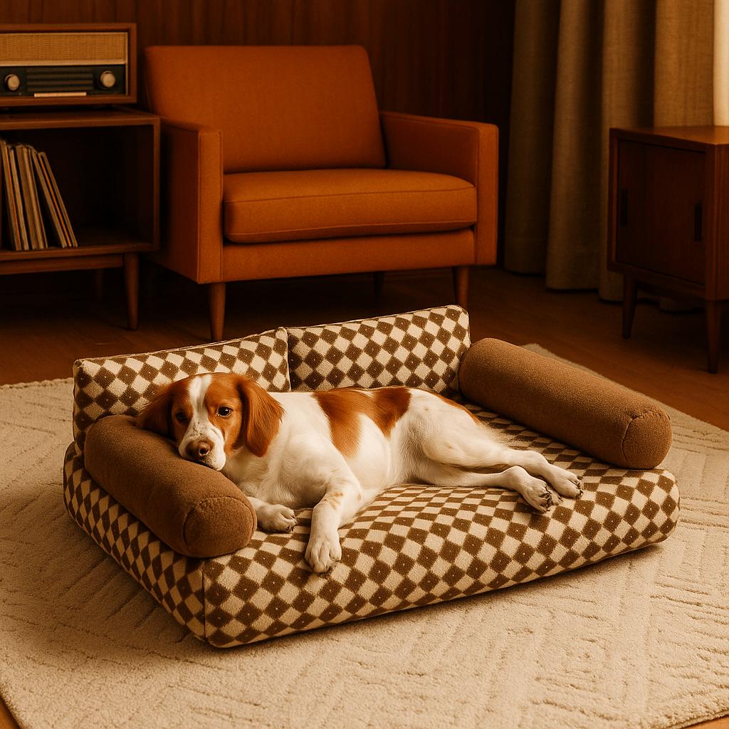 Canapé-pour-chien-douillet en velours-déhoussable et lavable en machine-antidérapant-avec dossier et accoudoirs cylindriques au rembourrage 100% Coton haute densité ergonomique, hypoallergénique au design rétro à carreaux pour petit à chien de moyenne taille de 0 à 20 kg-un chien qui dort paisiblement sur son canapé taille M en losange marron et beige dans le salon vintage de la maison