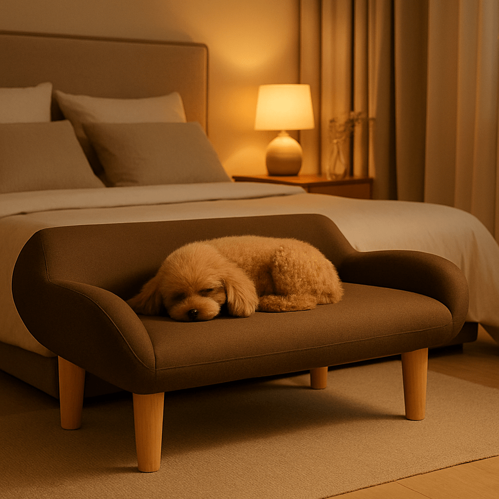 Canapé-pour-chien-petit-structure robuste en bois-massif de pin et eucalyptus sur pied en bois massif-tissu doux et résistant aux griffes-design scandinave épuré et moderne-pour chien de petite taille de 0 à 9 kg de couleur marron-un chien nain qui dort paisiblement sur son fauteuil dans la chambre de l'appartement