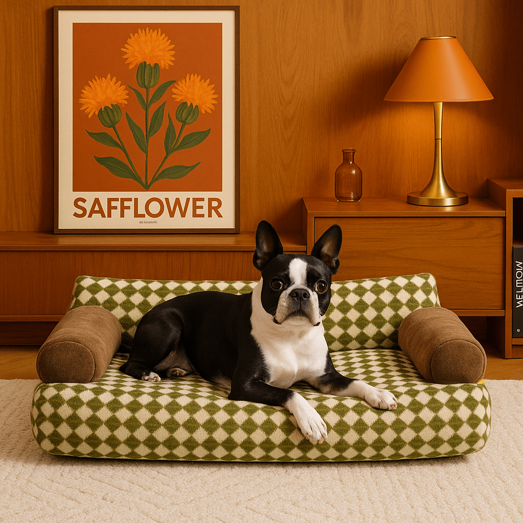 Canapé-pour-chien-douillet en velours-déhoussable et lavable en machine-antidérapant-avec dossier et accoudoirs cylindriques au rembourrage 100% Coton haute densité ergonomique, hypoallergénique au design rétro à carreaux pour petit à chien de moyenne taille de 0 à 20 kg-un chien de taille moyenne couché confortablement sur son canapé en losange vert et beige dans le salon vintage de l'appartement