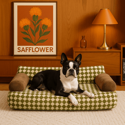Canapé-pour-chien-douillet en velours-déhoussable et lavable en machine-antidérapant-avec dossier et accoudoirs cylindriques au rembourrage 100% Coton haute densité ergonomique, hypoallergénique au design rétro à carreaux pour petit à chien de moyenne taille de 0 à 20 kg-un chien de taille moyenne couché confortablement sur son canapé en losange vert et beige dans le salon vintage de l'appartement