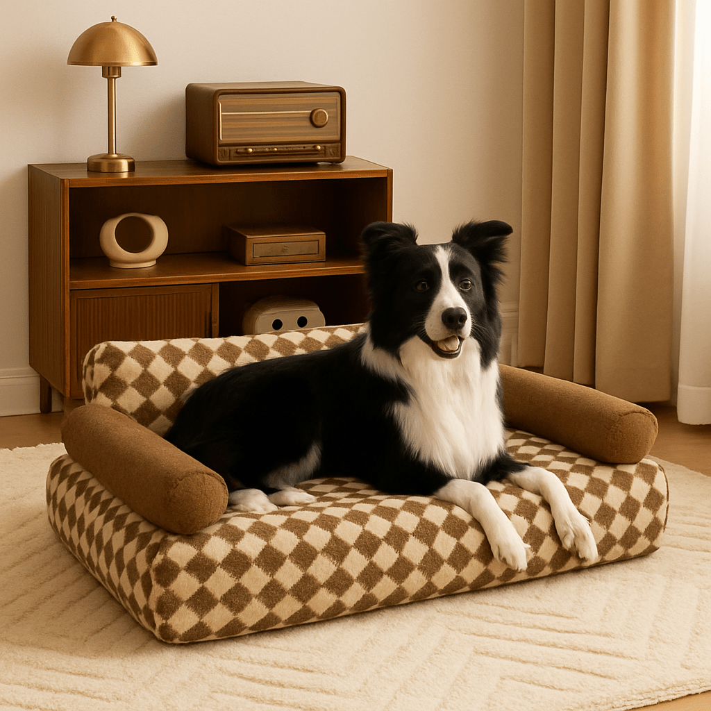 Canapé-pour-chien-douillet en velours-déhoussable et lavable en machine-antidérapant-avec dossier et accoudoirs cylindriques au rembourrage 100% Coton haute densité ergonomique, hypoallergénique au design rétro à carreaux pour petit à chien de moyenne taille de 0 à 20 kg-un chien moyen à poils longs couché confortablement sur son canapé en losange marron et beige dans le salon vintage de la maison