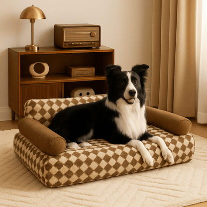 Canapé-pour-chien-douillet en velours-déhoussable et lavable en machine-antidérapant-avec dossier et accoudoirs cylindriques au rembourrage 100% Coton haute densité ergonomique, hypoallergénique au design rétro à carreaux pour petit à chien de moyenne taille de 0 à 20 kg-un chien moyen à poils longs couché confortablement sur son canapé en losange marron et beige dans le salon vintage de la maison