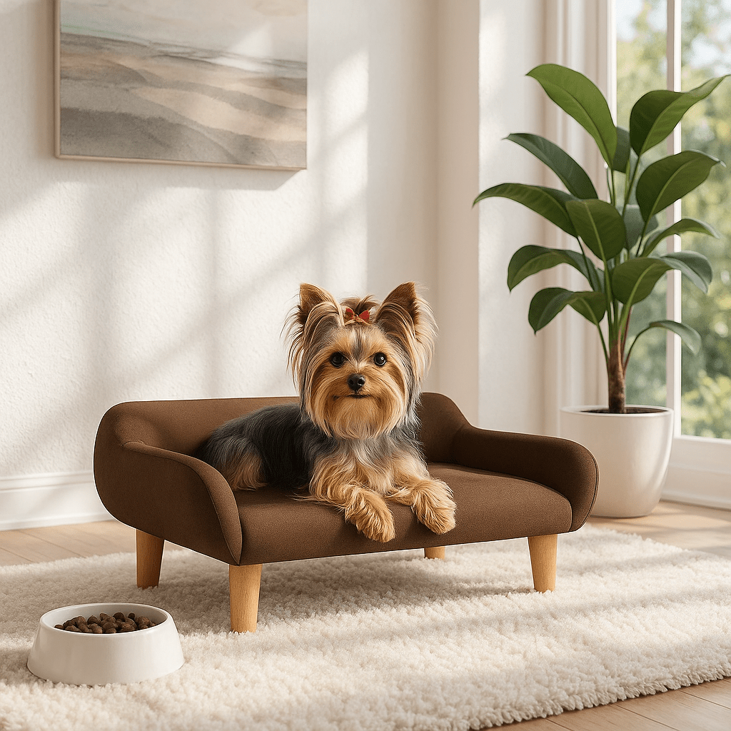 Canapé-pour-chien-petit-structure robuste en bois-massif de pin et eucalyptus sur pied en bois massif-tissu doux et résistant aux griffes-design scandinave épuré et moderne-pour chien de petite taille de 0 à 9 kg de couleur marron-un petit chien confortablement couché sur son fauteuil style nordique dans la véranda de la maison