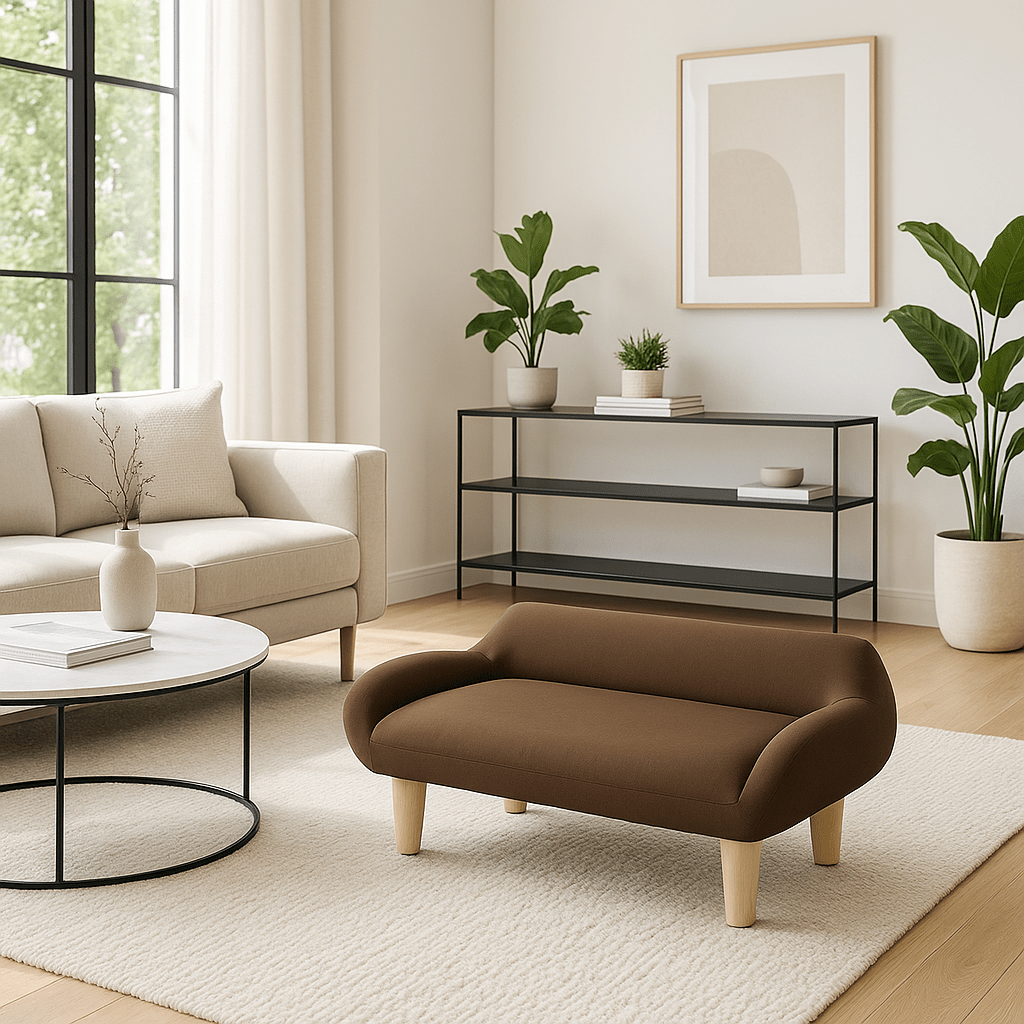 Canapé-pour-chien-petit-structure robuste en bois-massif de pin et eucalyptus sur pied en bois massif-tissu doux et résistant aux griffes-design scandinave épuré et moderne-pour chien de petite taille de 0 à 9 kg de couleur marron-lignes épurés et contemporaines